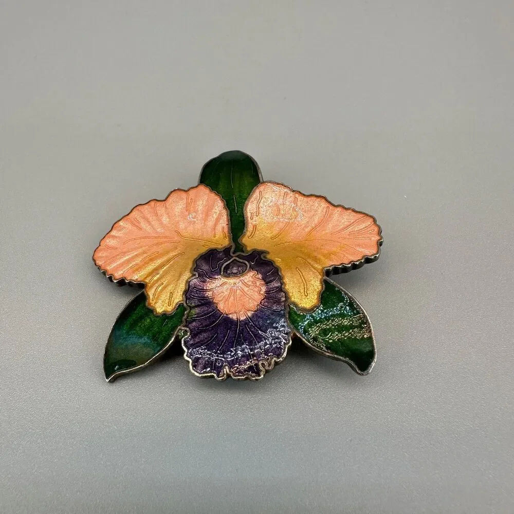 Vintage Cloisonne Flower Brooch Peach Purple Green Orchid Iridescent Enamel 2